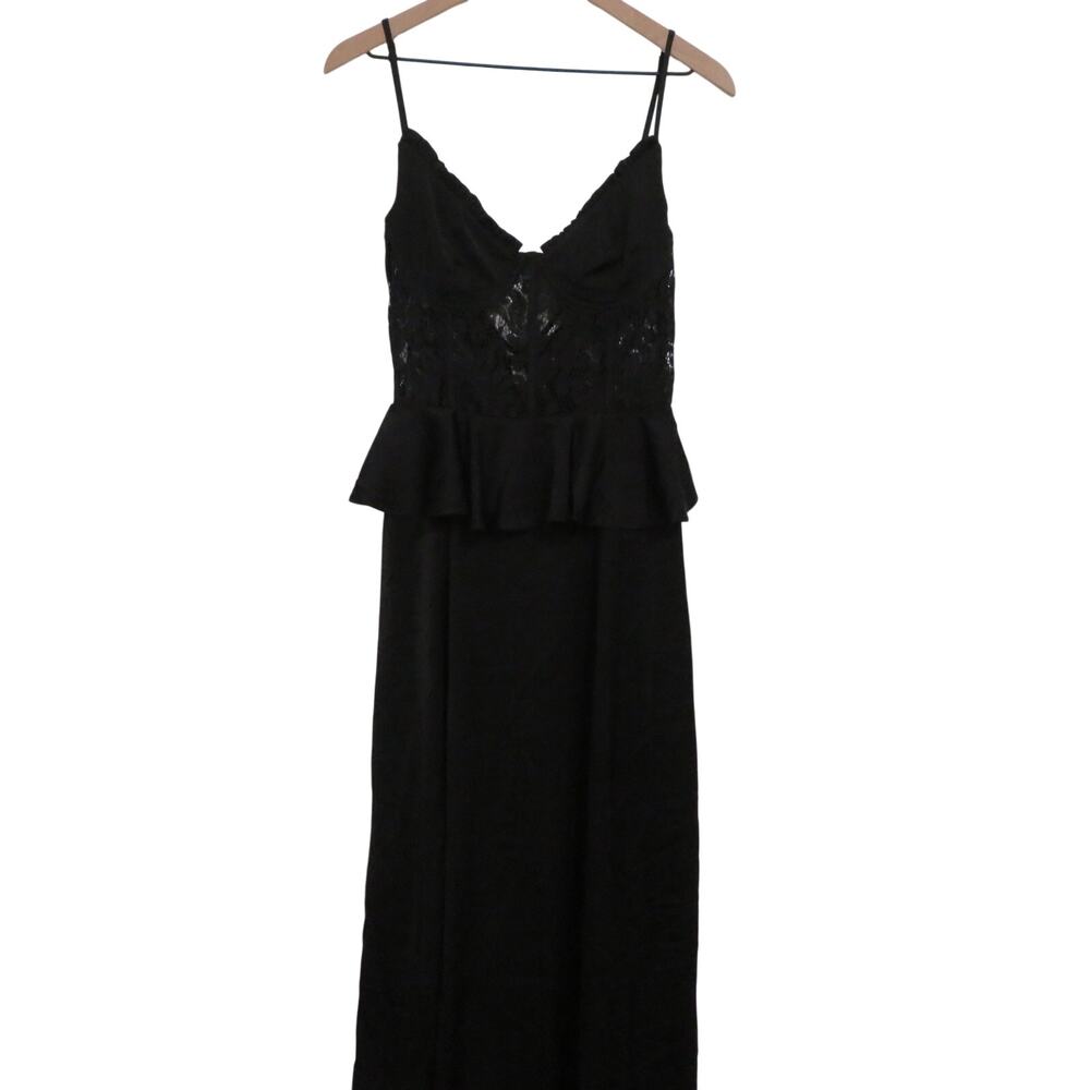 VICI Women Sz M Black Sanderson Peplum Maxi Dress Lace Corset Satin Formal Gown